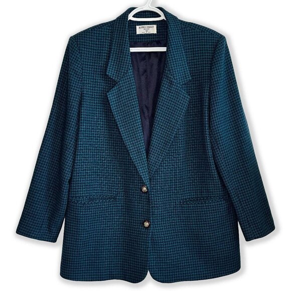 Vintage Jackets & Blazers - Vintage 70s Alfred Dunner Green Black Houndstooth Plaid Oversized Blazer